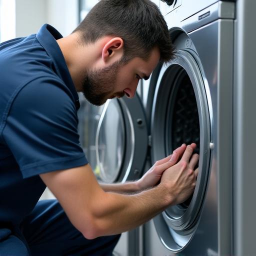 Technicien réparant un lave-linge.